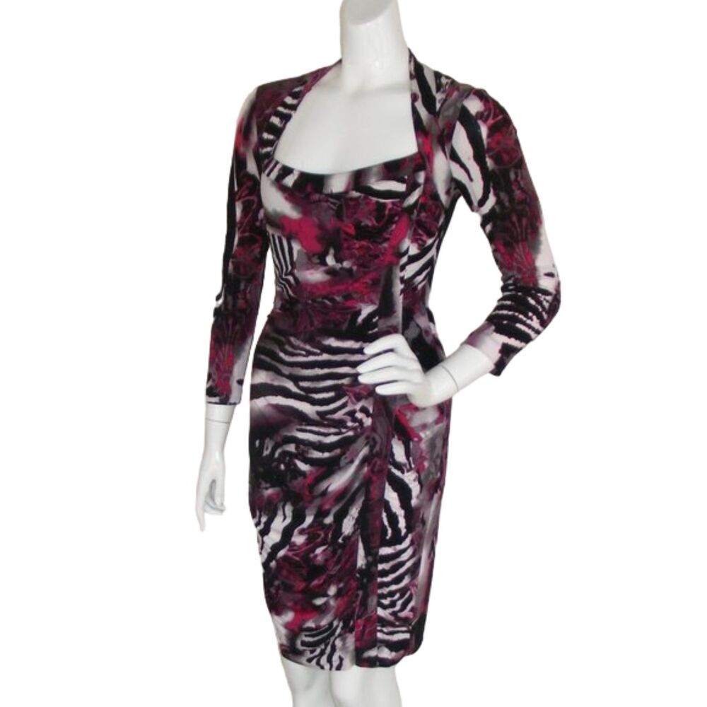 CACHE Dress, 6, Ruched, Long sleeve, Partial Zebra Stripes, Multicolor, Clingy - Picture 3 of 8